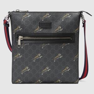 Gucc Shoulder Bag Black Gray Silver Tiger Print Stripe Canvas Leather
